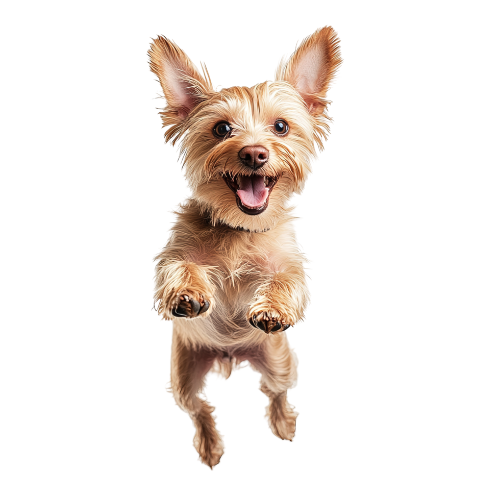 Happy Yorkshire Terrier Puppy in Mid Air Jump Isolated on Transparent Background png