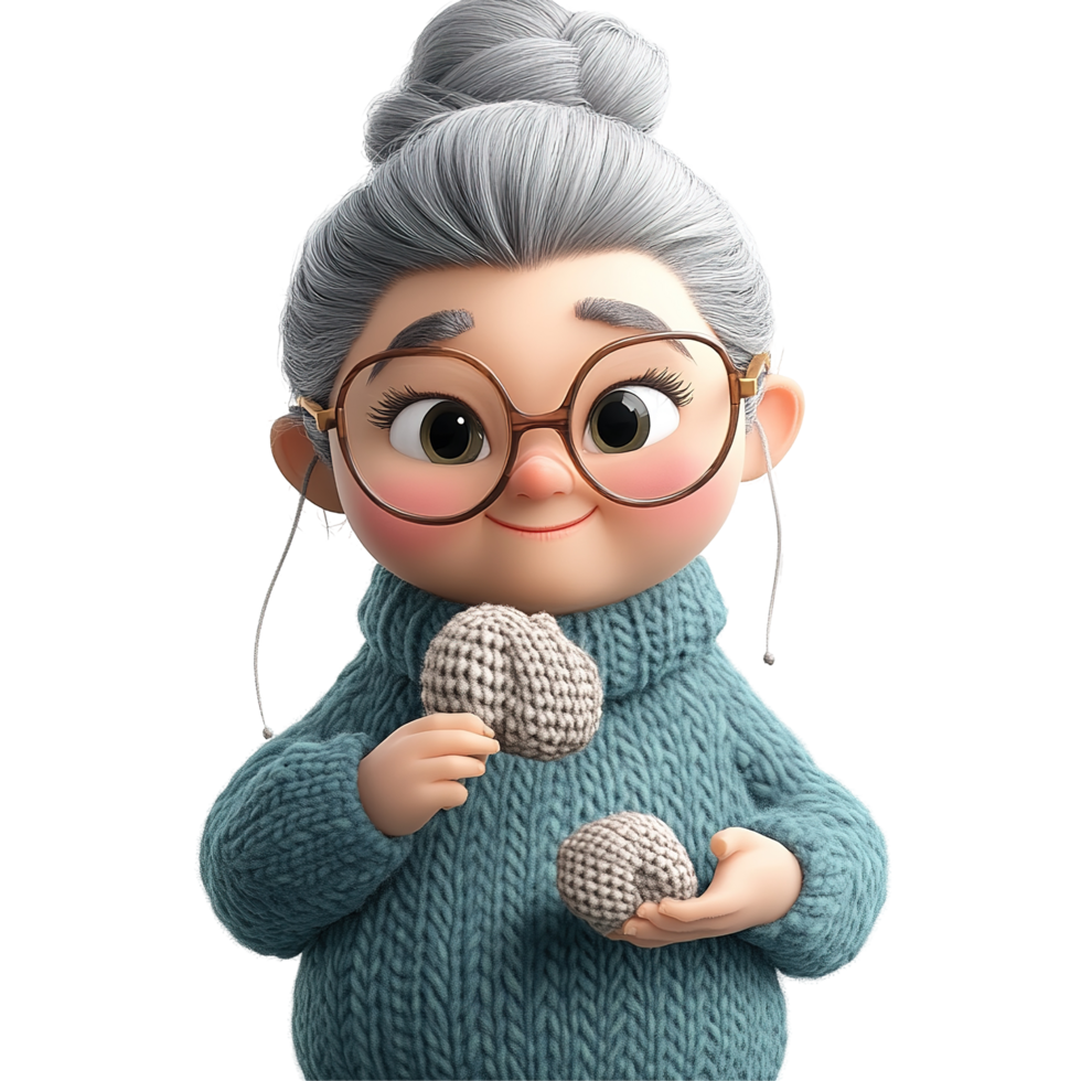A cheerful cartoon grandma holds yarn balls, Isolated on Transparent Background png