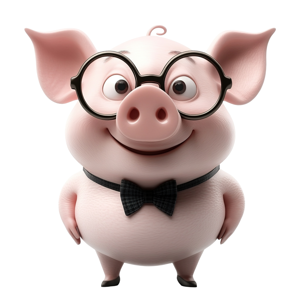 A cheerful pig wearing glasses and a bow tie Isolated on Transparent Background png