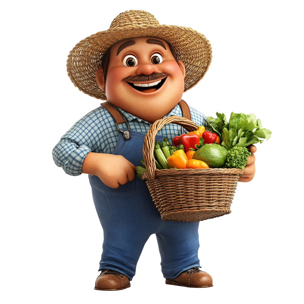Happy Farmer Holding Basket Fresh Vegetables, Isolated on Transparent Background png