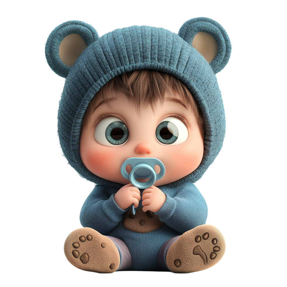 Adorable Cartoon Baby Wearing A Blue Bear Outfit Isolated on Transparent Background png