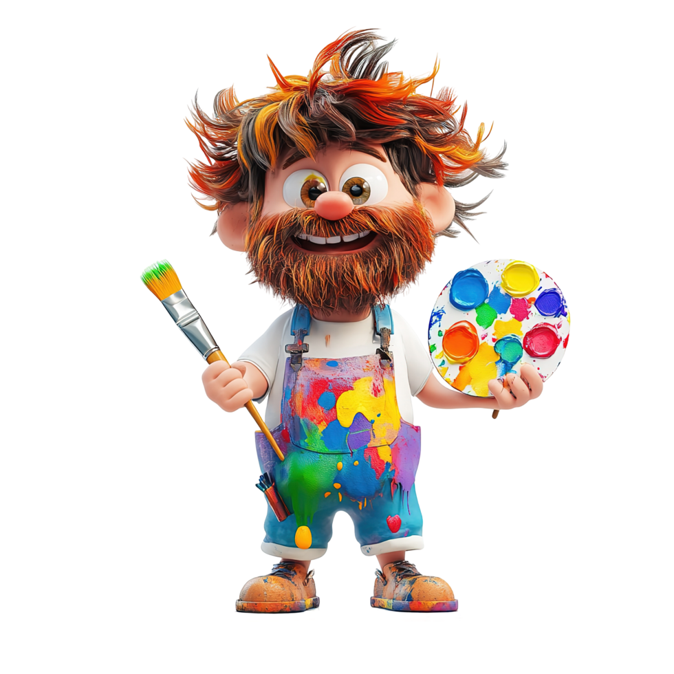A cheerful cartoon artist holds a paintbrush and palet, Isolated on Transparent Backgroundte png