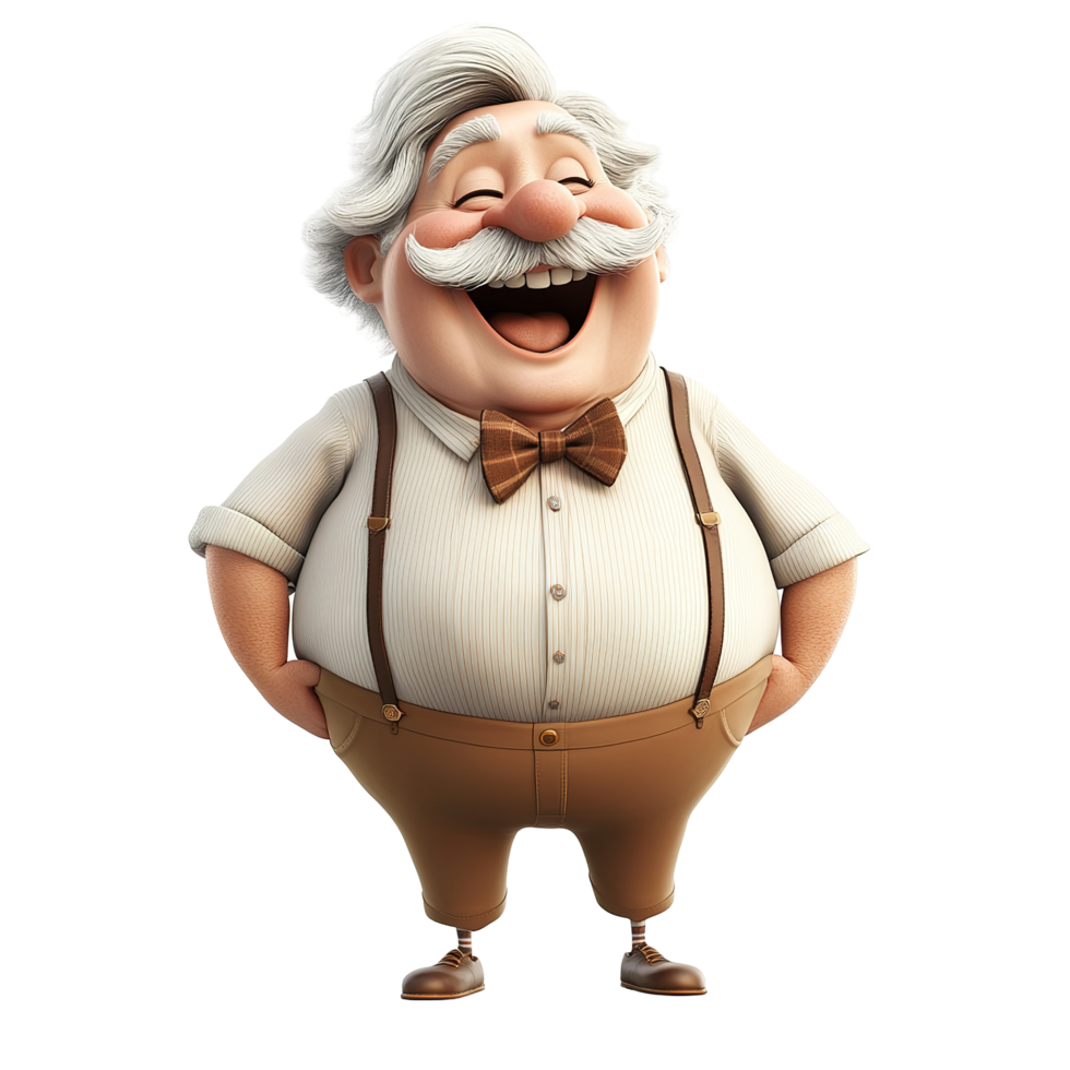 A jovial elderly cartoon man happily laughs, Isolated on Transparent Background png