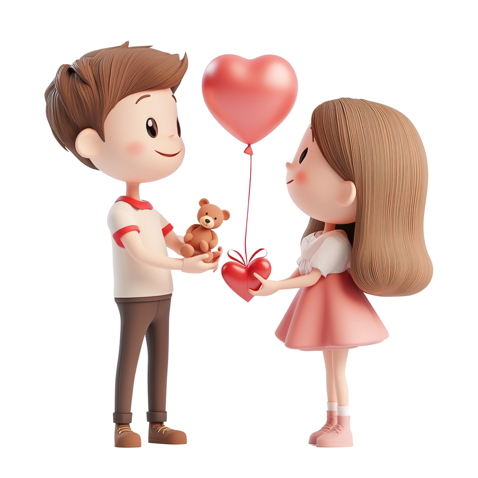 Boy and girl exchanging gifts and a heart balloon Isolated on Transparent Background png