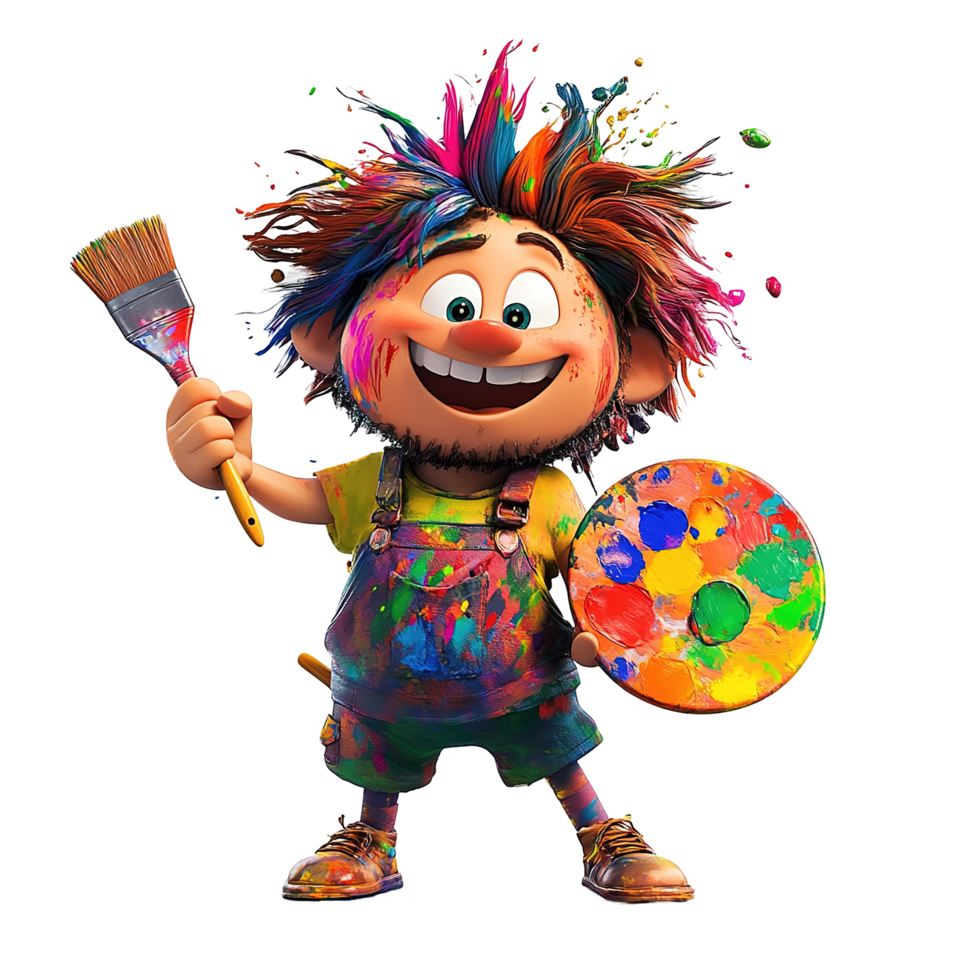 A Joyful Colorful Cartoon Artist Character Isolated on Transparent Background png