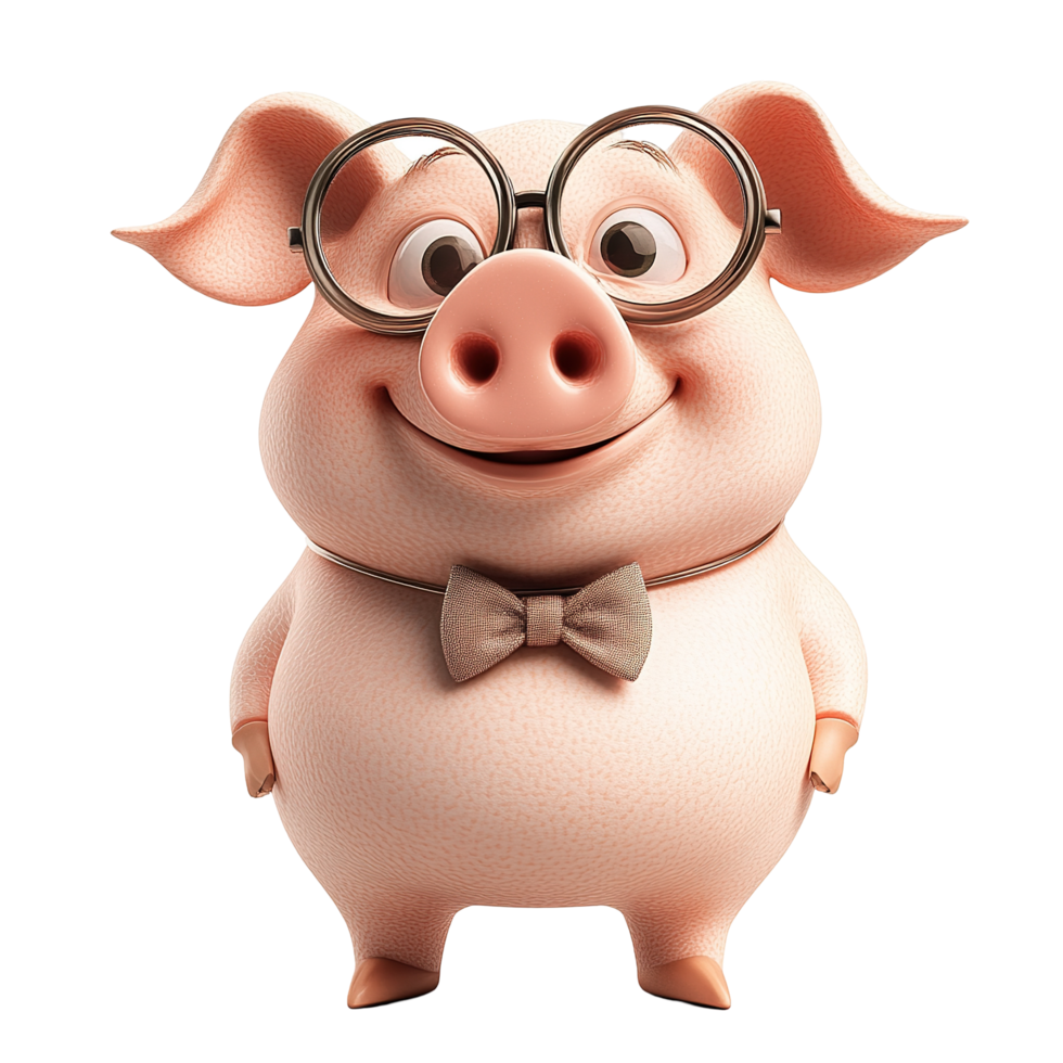 A Cute Cartoon Pig Wearing Glasses and a Bow Tie Isolated on Transparent Background png