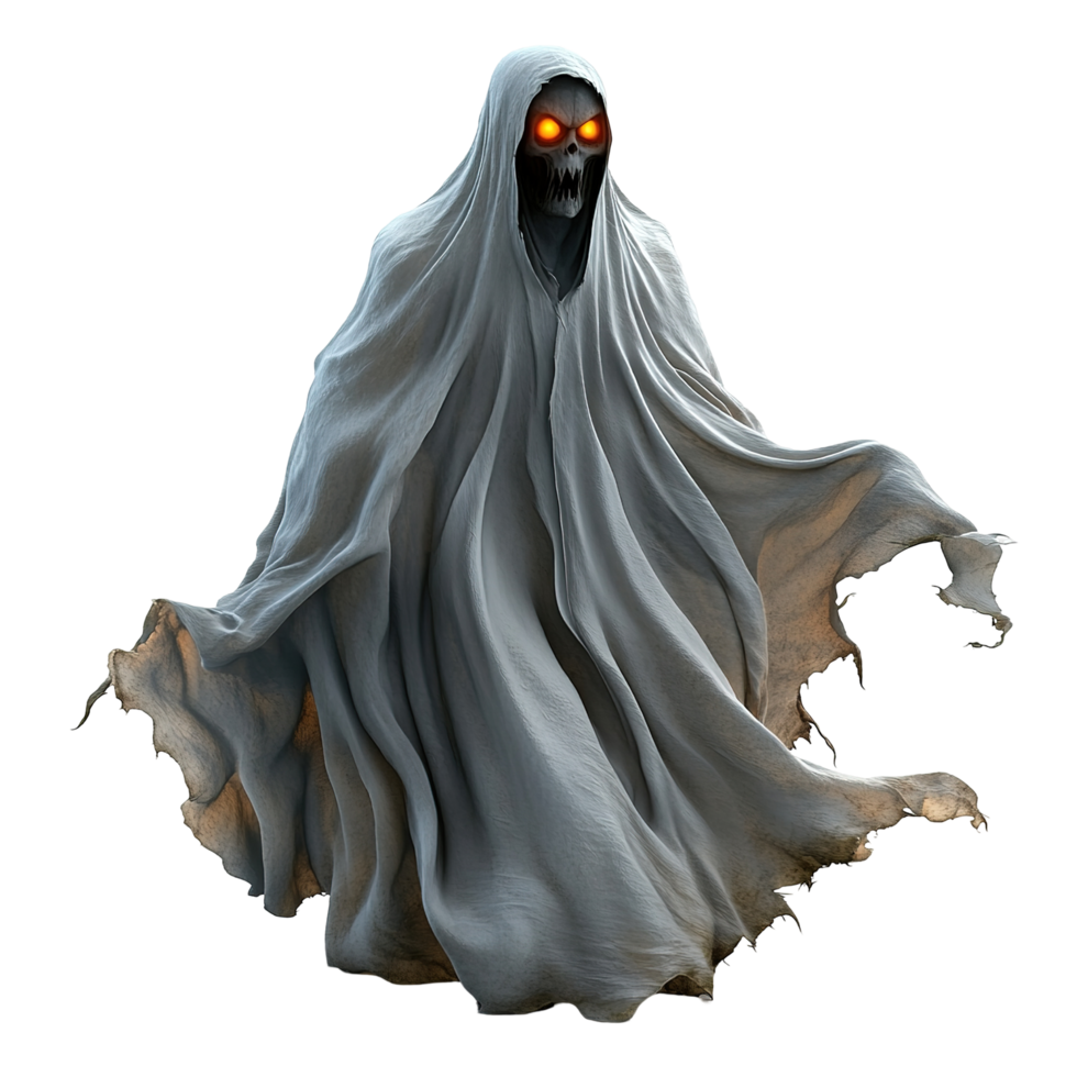 Ghastly spectral figure in flowing grey shroud, Isolated on Transparent Background png