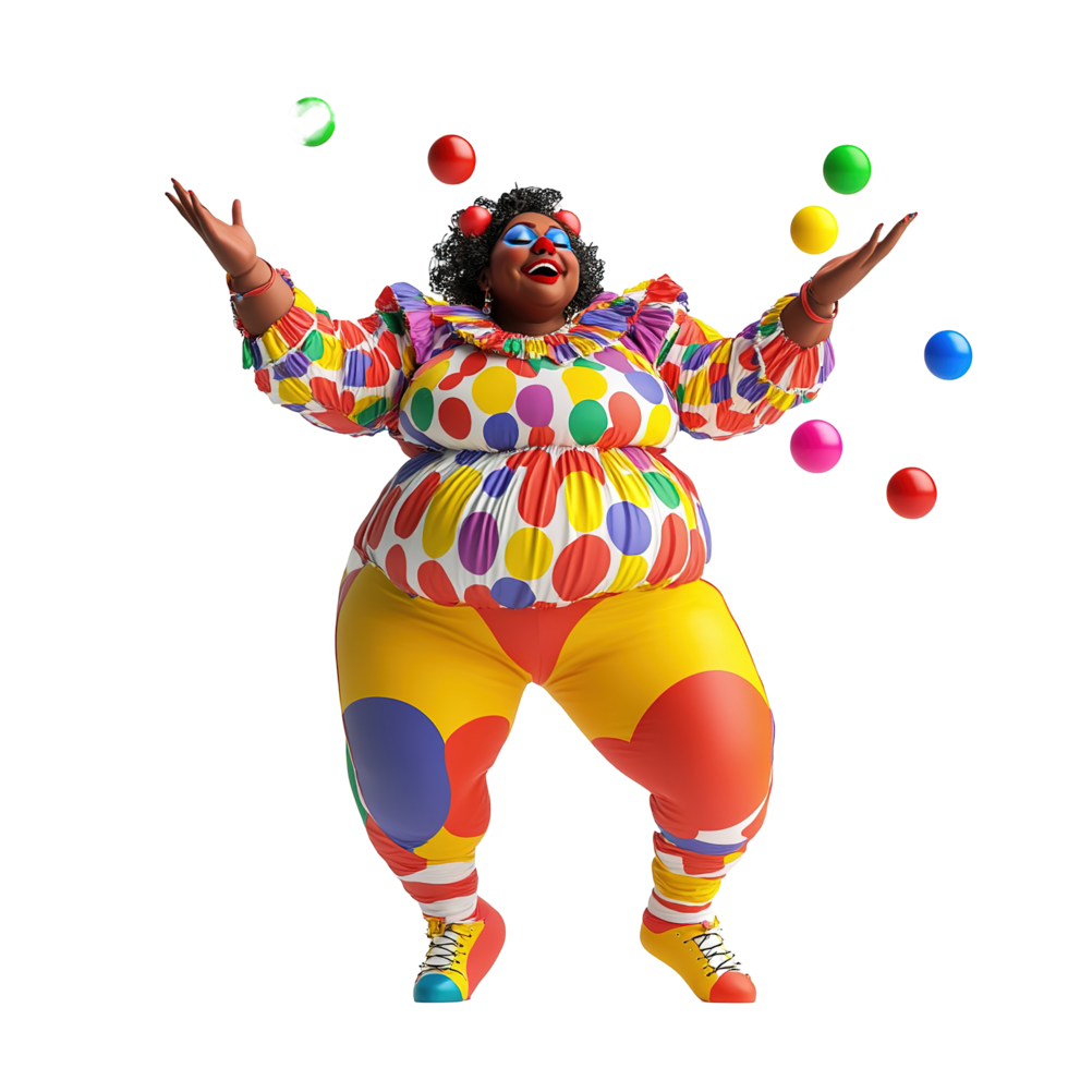 A Joyful Plus Size Clown Juggles Colorful Balls Isolated on Transparent Background png