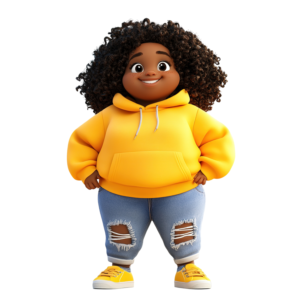 A cheerful cartoon girl wearing a yellow hoodie and jeans, Isolated on Transparent Background png
