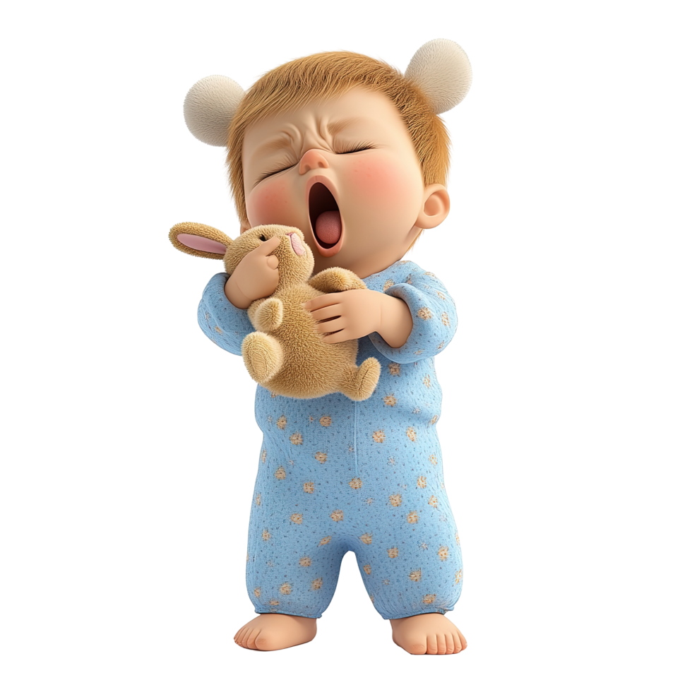 Adorable Baby Yawning While Holding a Bunny Toy Isolated on Transparent Background png