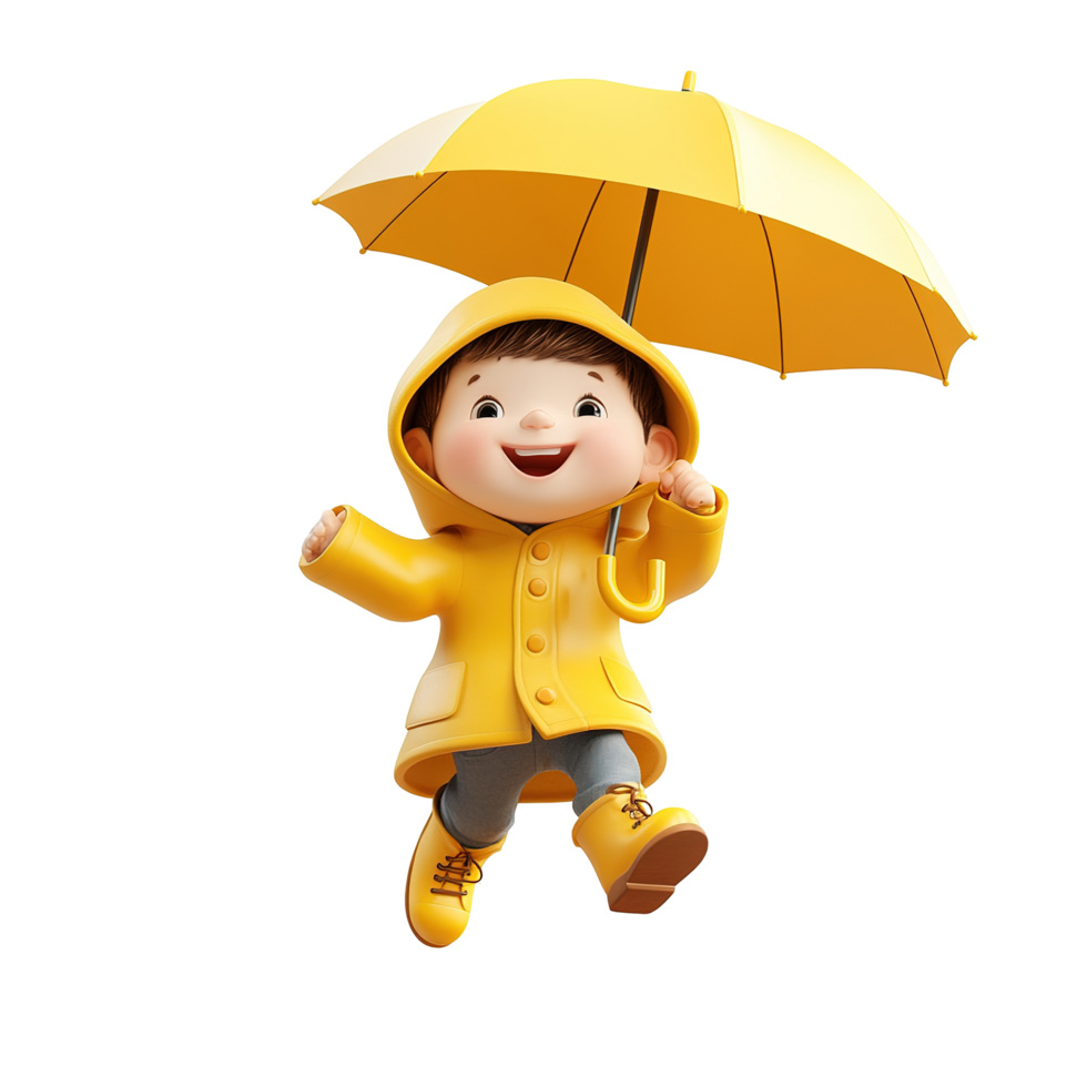 Happy Child Jumps In Yellow Rain Gear Under Umbrella png