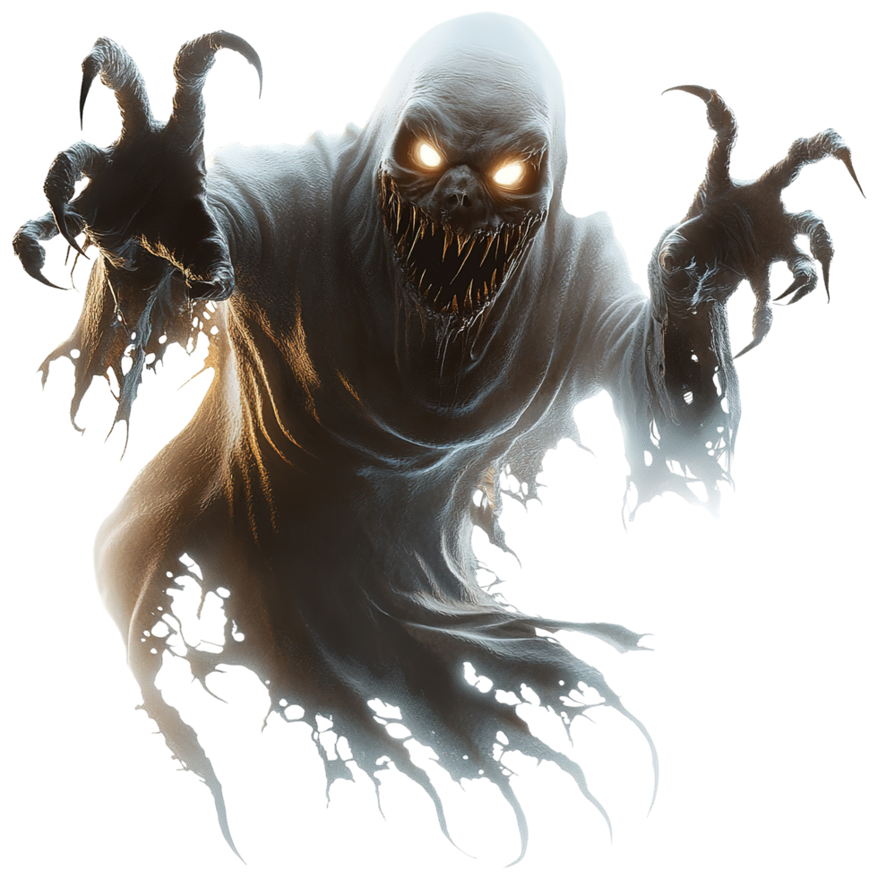 A terrifying ghostly figure with sharp claws lunges forward, Isolated on Transparent Background png