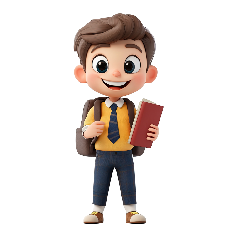Happy schoolboy with backpack and book ready for school, Isolated on Transparent Background png