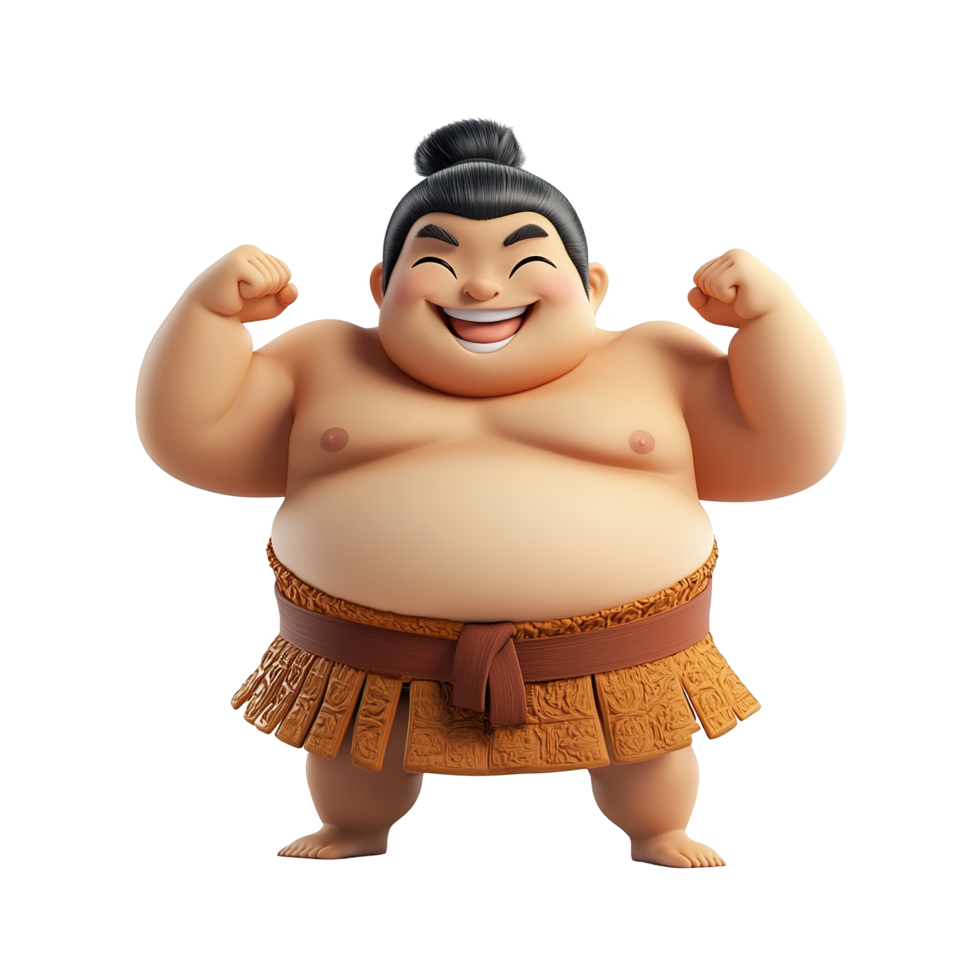 Happy Sumo Wrestler Flexing Muscles Proudly Isolated on Transparent Background png