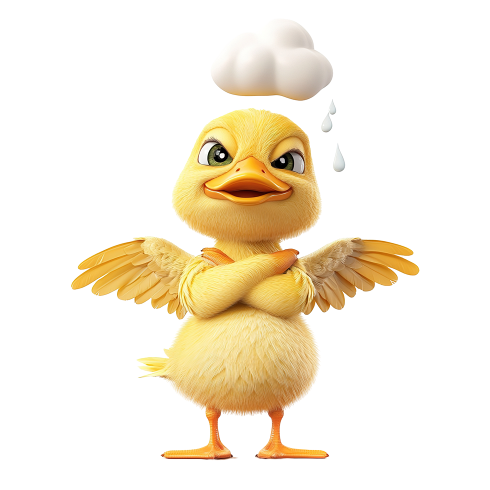 Grumpy Yellow Duckling Under a Rainy Cloud Isolated on Transparent Background png
