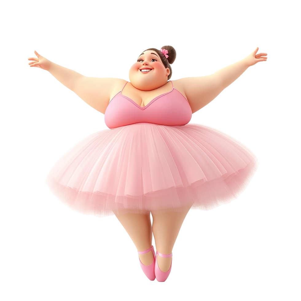 A happy plus size ballerina joyfully dances in pink, Isolated on Transparent Background png