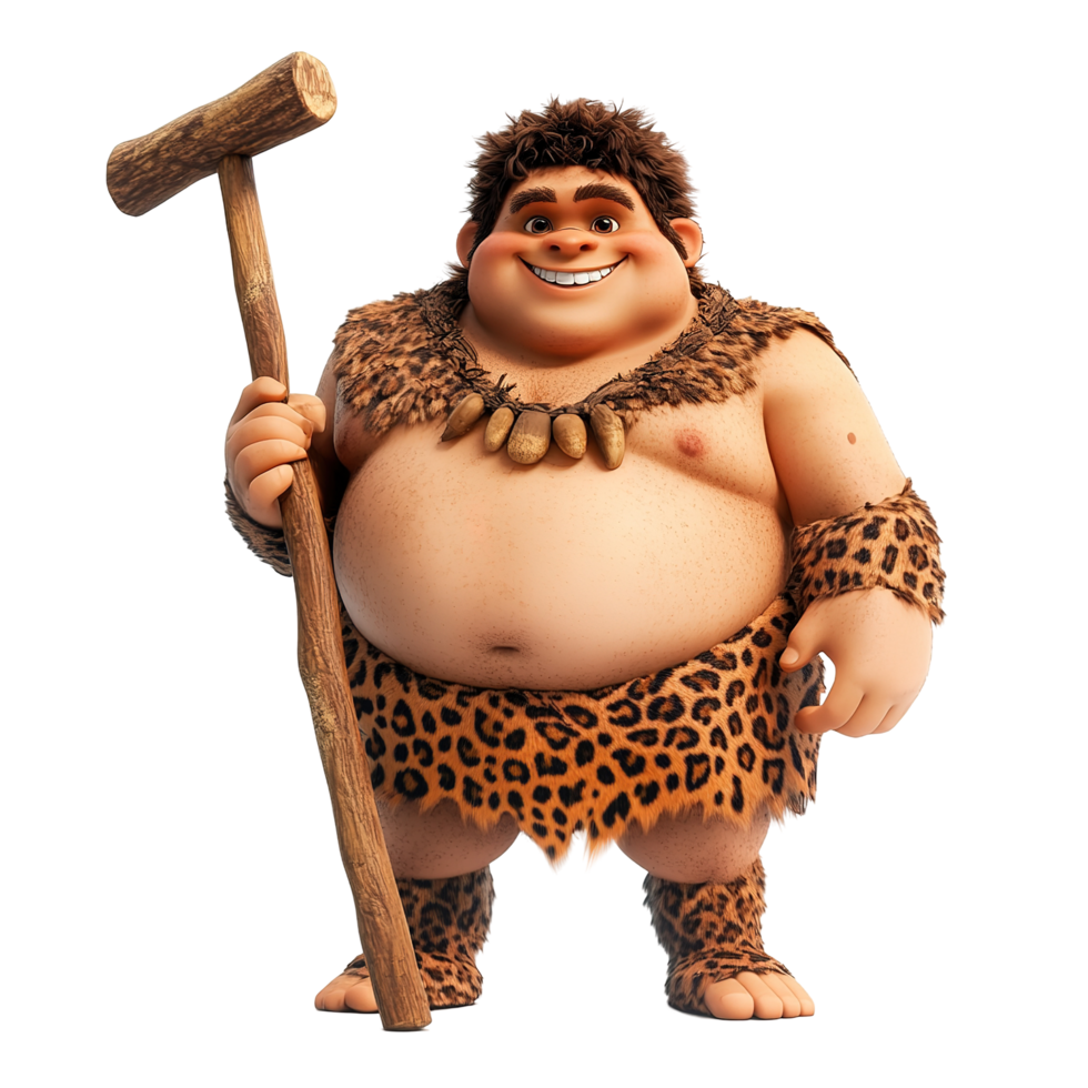 Happy Caveman Holds Wooden Club Wearing Animal Skin Isolated on Transparent Background png