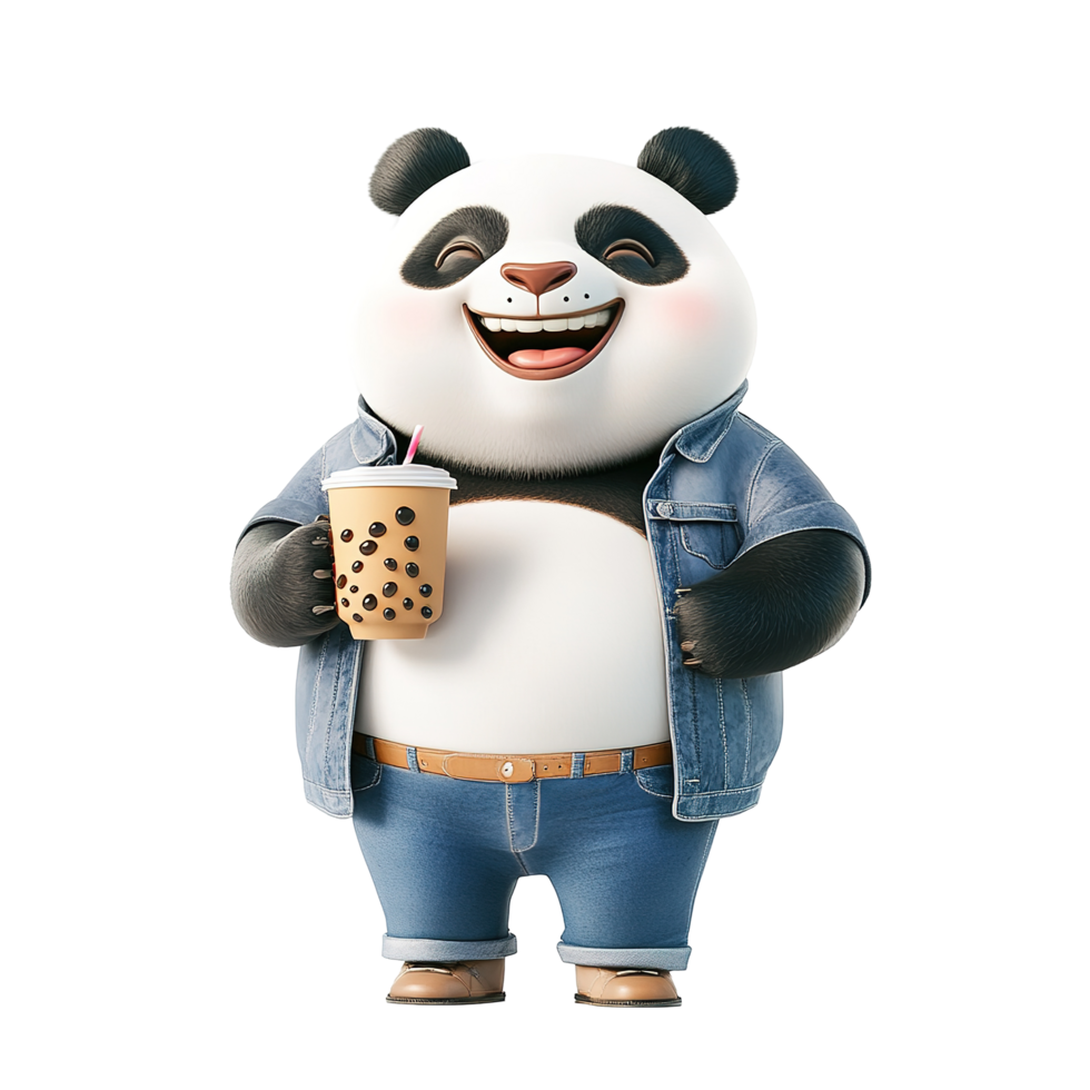 Happy Panda Enjoying Bubble Tea In Denim png