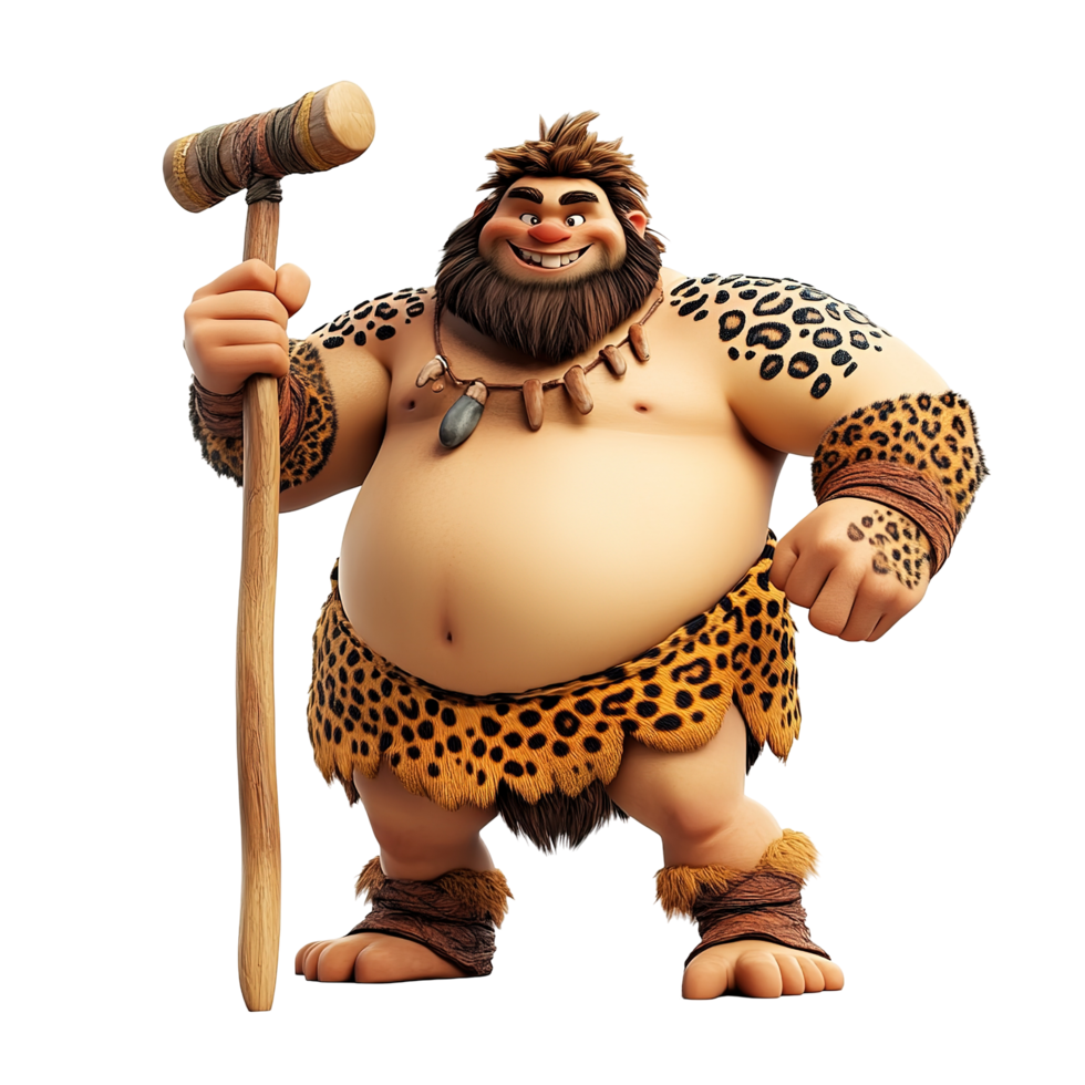 A jovial caveman holds a large wooden mallet png