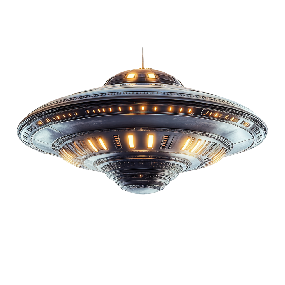 A futuristic disc shaped spaceship floats in darkness, Isolated on Transparent Background png