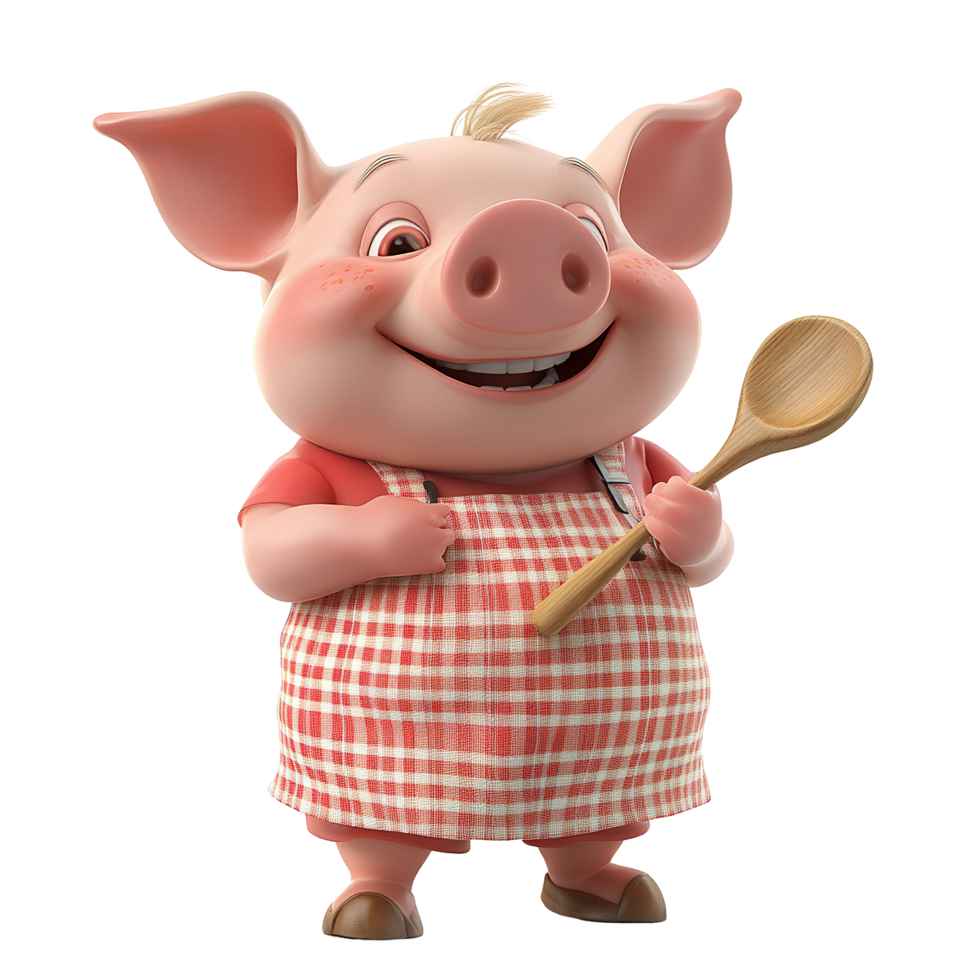 Happy Pig Chef Holding Wooden Spoon Wearing Apron Isolated on Transparent Background png