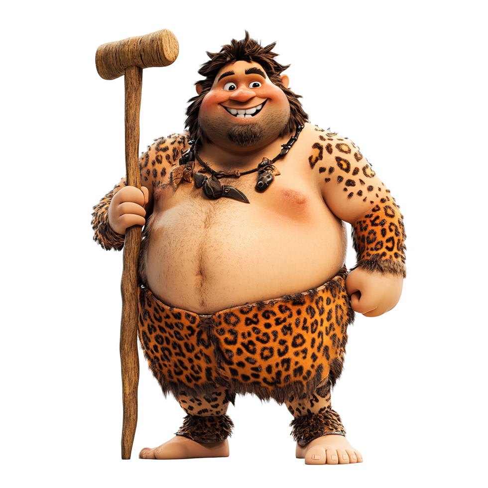 Happy Caveman Holding Wooden Club Wearing Animal Skin png