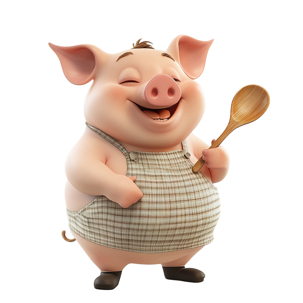 Happy Pig Chef Holds Wooden Spoon In Kitchen png
