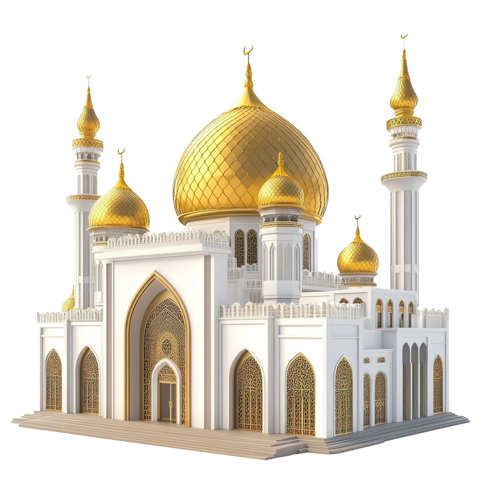 Majestic White Mosque with Golden Domes and Minarets Isolated on Transparent Background png
