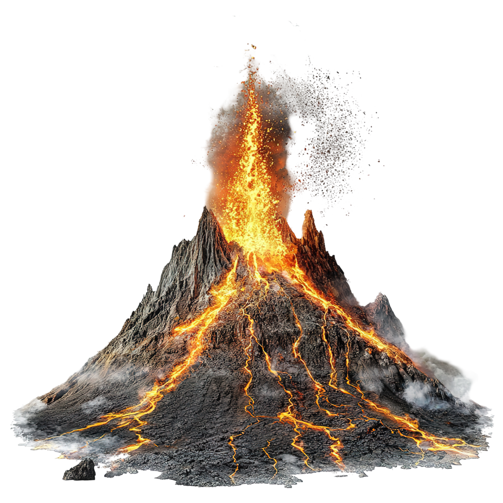 Erupting Volcano Spewing Lava and Ash into the Air, Isolated on Transparent Background png