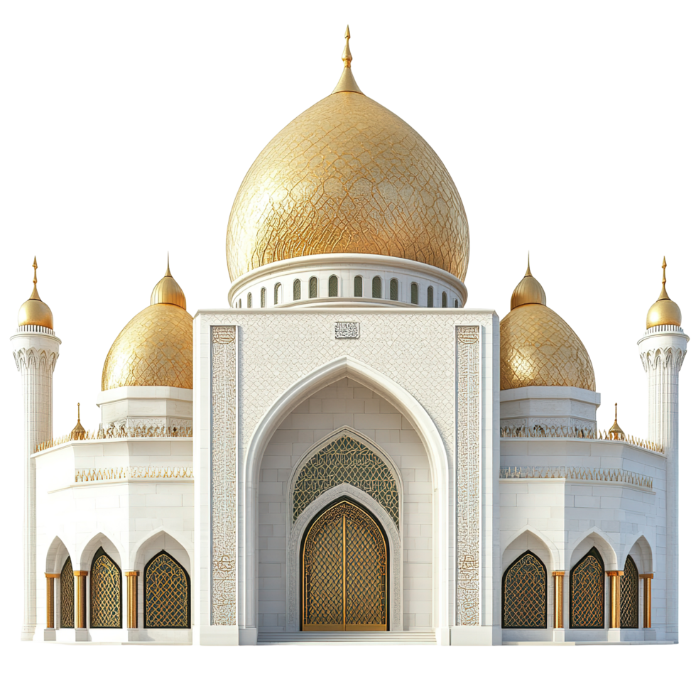 Majestic White Mosque with Golden Domes and Intricate Details Isolated on Transparent Background png