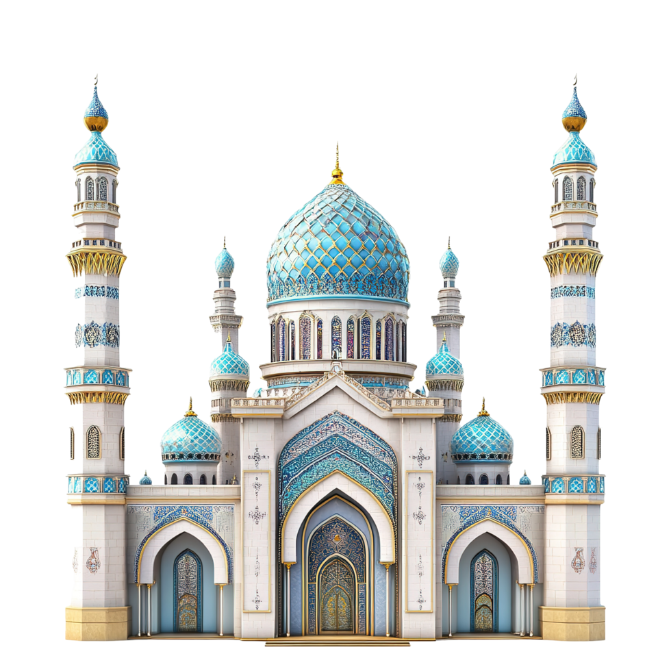 Elegant Mosque Architecture Featuring Blue Domes and Minarets Isolated on Transparent Background png