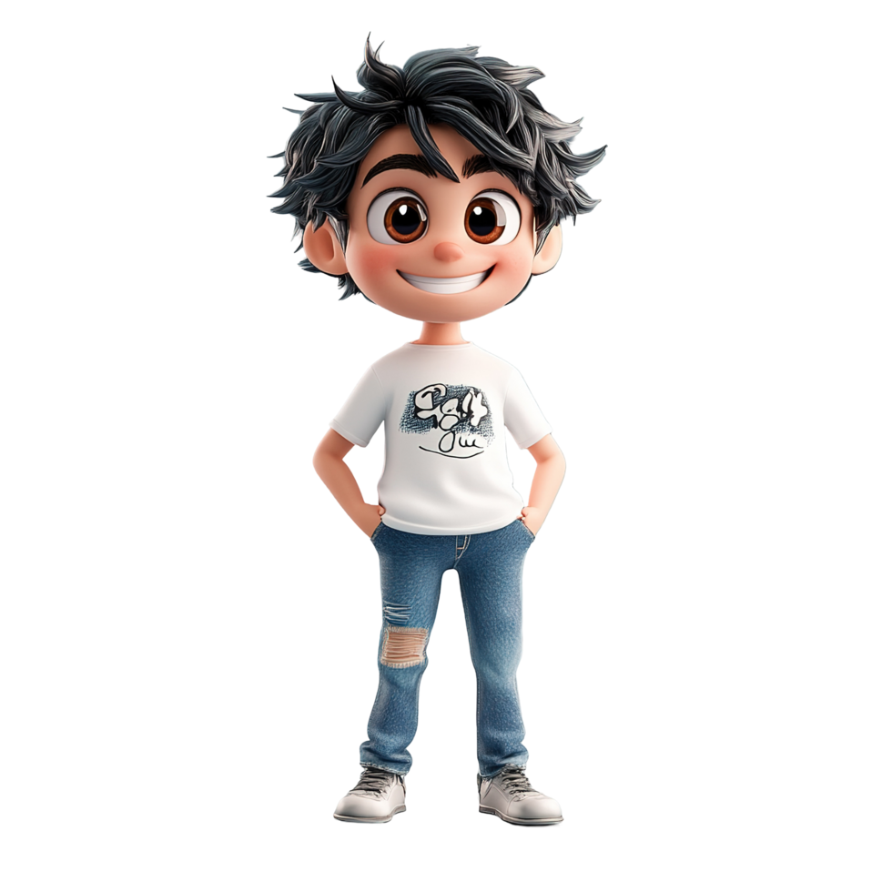 A cheerful cartoon boy smiles wearing jeans and a tshirt, Isolated on Transparent Background png