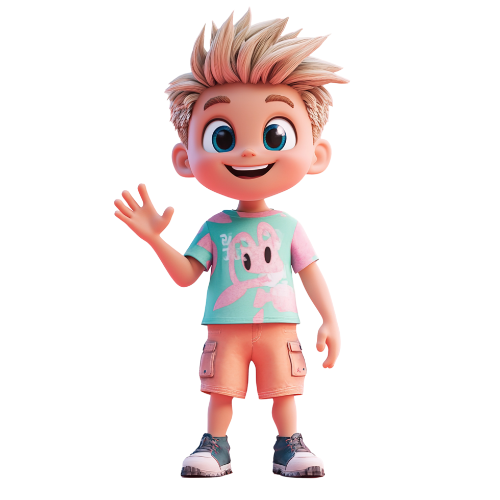 A cheerful cartoon boy waves hello wearing summer clothes, Isolated on Transparent Background png