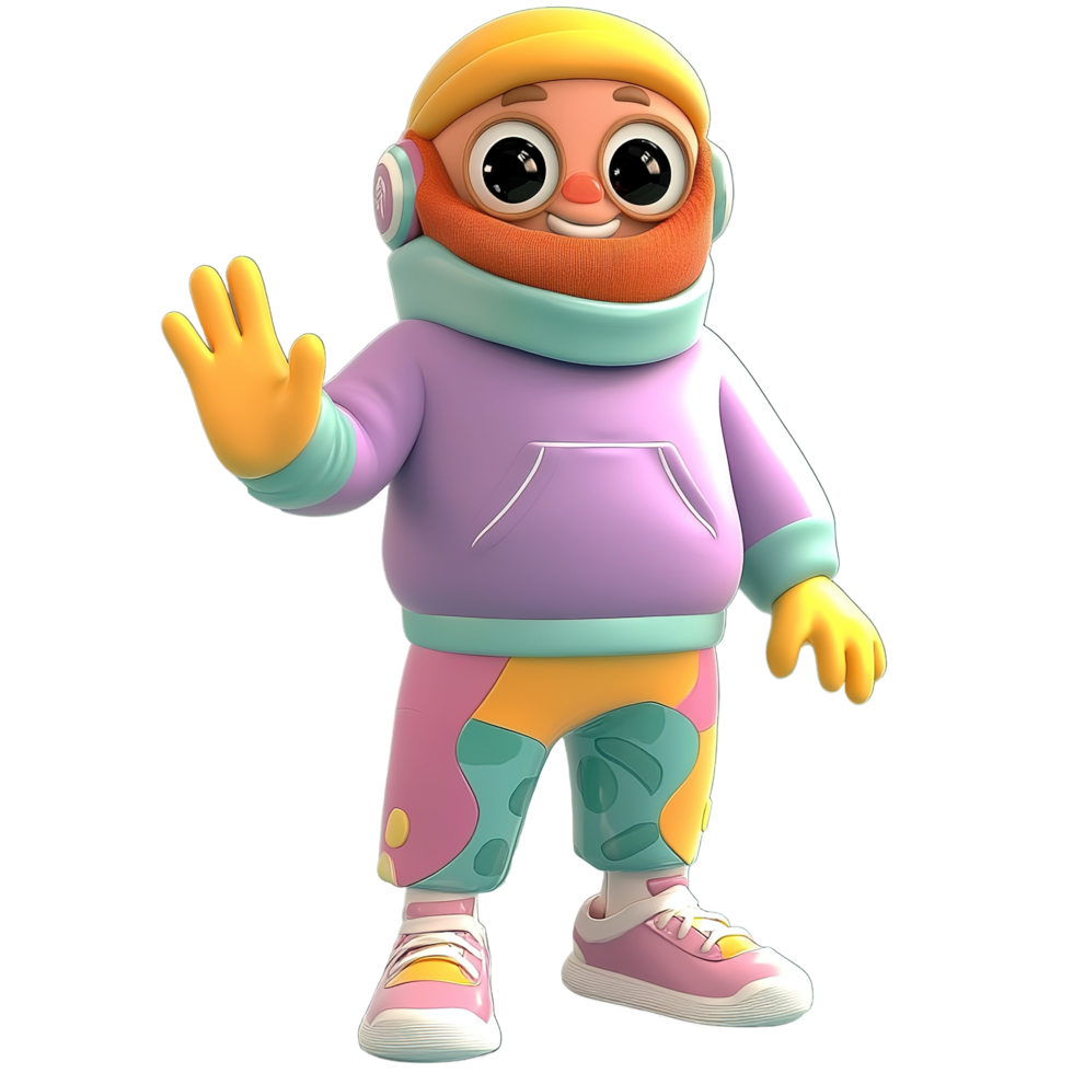 Happy Cartoon Character Waves Hello Wearing Colorful Clothes Isolated on Transparent Background png