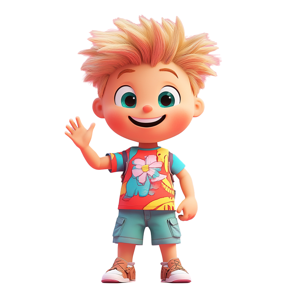 A cheerful cartoon boy waves hello wearing summer clothes Isolated on Transparent Background png