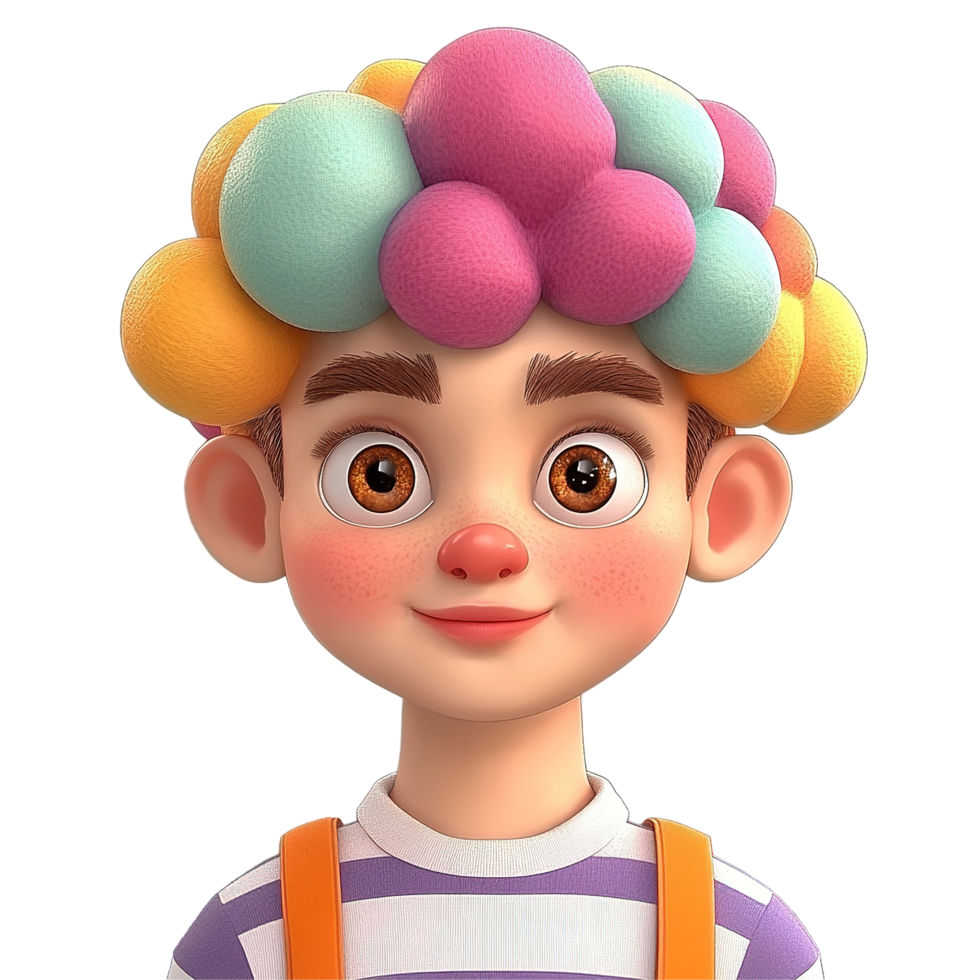 A cheerful cartoon boy wears a colorful bubble hairdo, Isolated on Transparent Background png