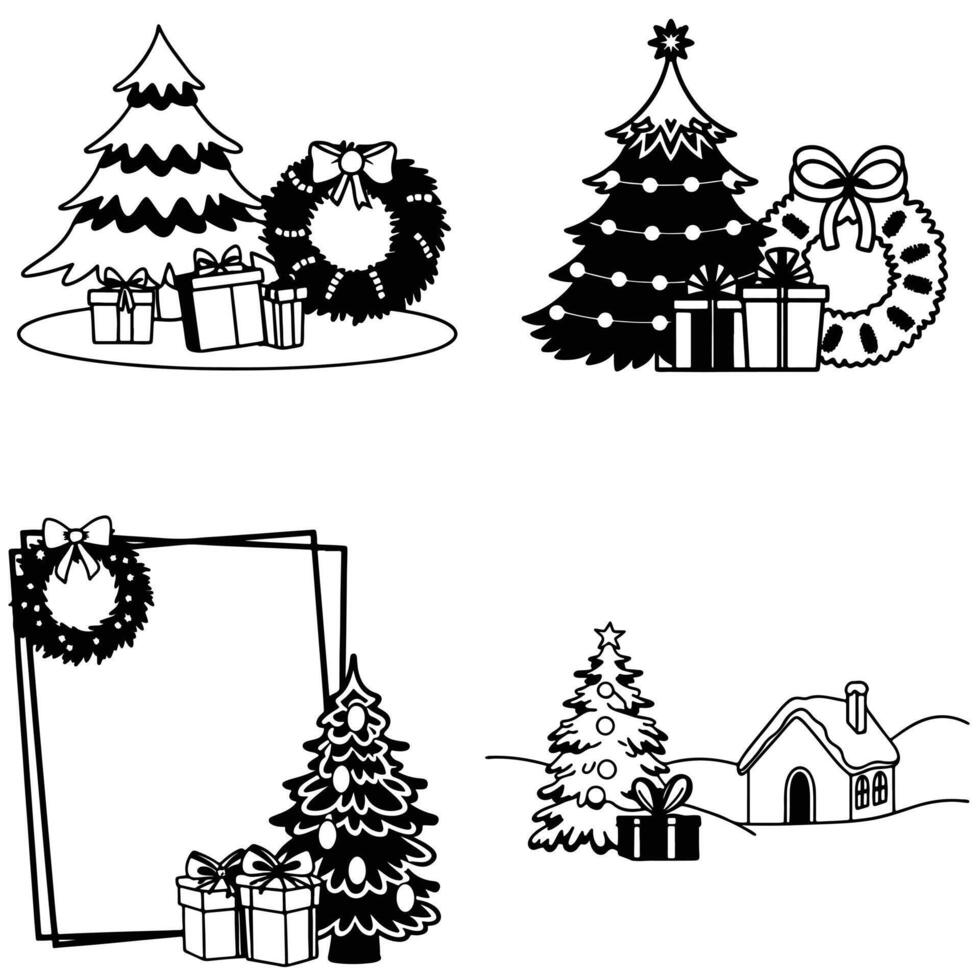 Black and White Christmas Tree Illustrations with Holiday Decor vector