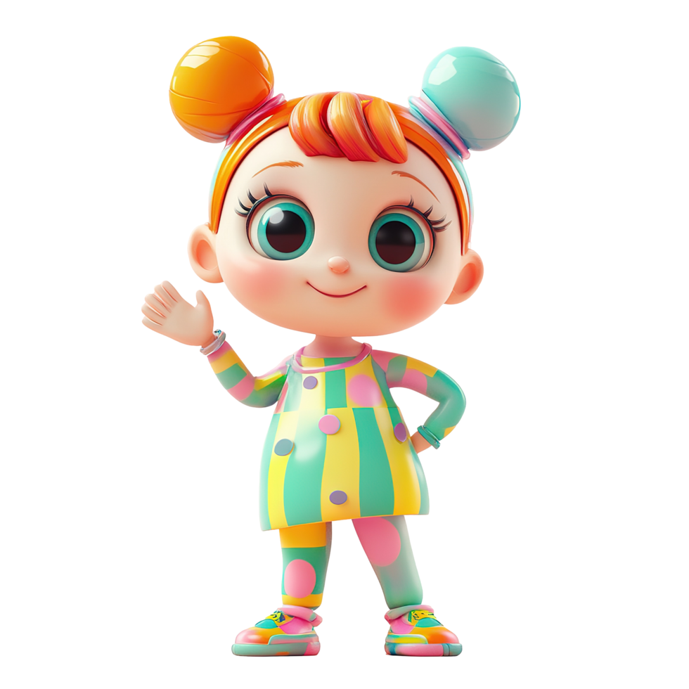 A cheerful cartoon girl waves hello in colorful attire, Isolated on Transparent Background png