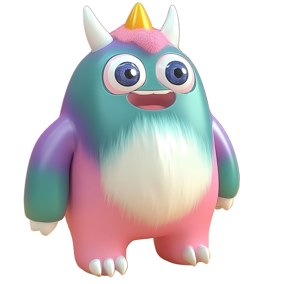 A Happy Pastel Colored Fuzzy Monster with Horns Isolated on Transparent Background png