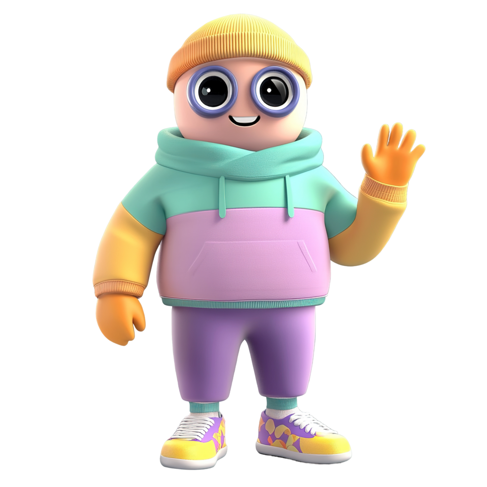 A cheerful cartoon character waves hello wearing colorful winter clothes, Isolated on Transparent Background png