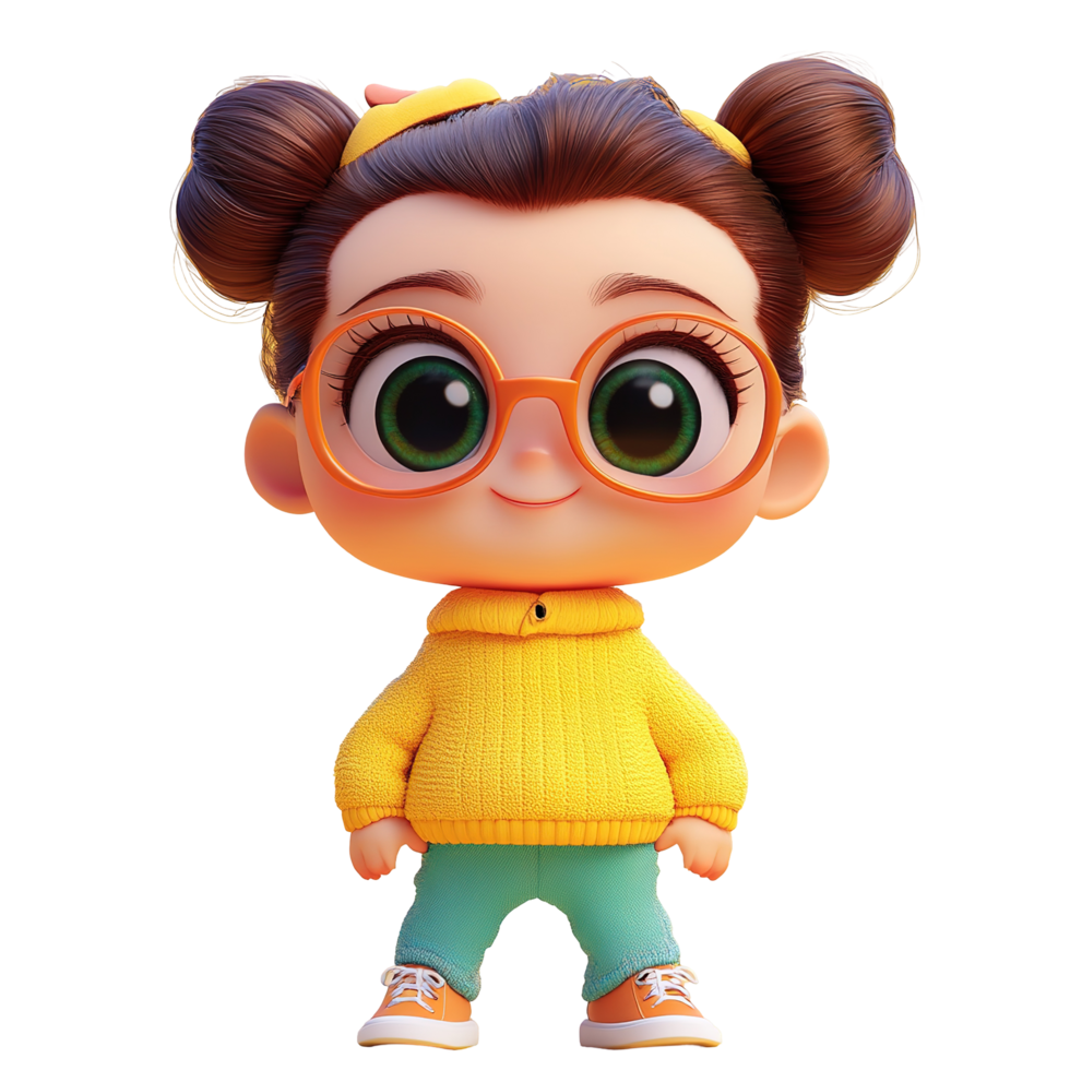 Adorable Cartoon Girl Wearing Glasses Yellow Sweater Isolated on Transparent Background png