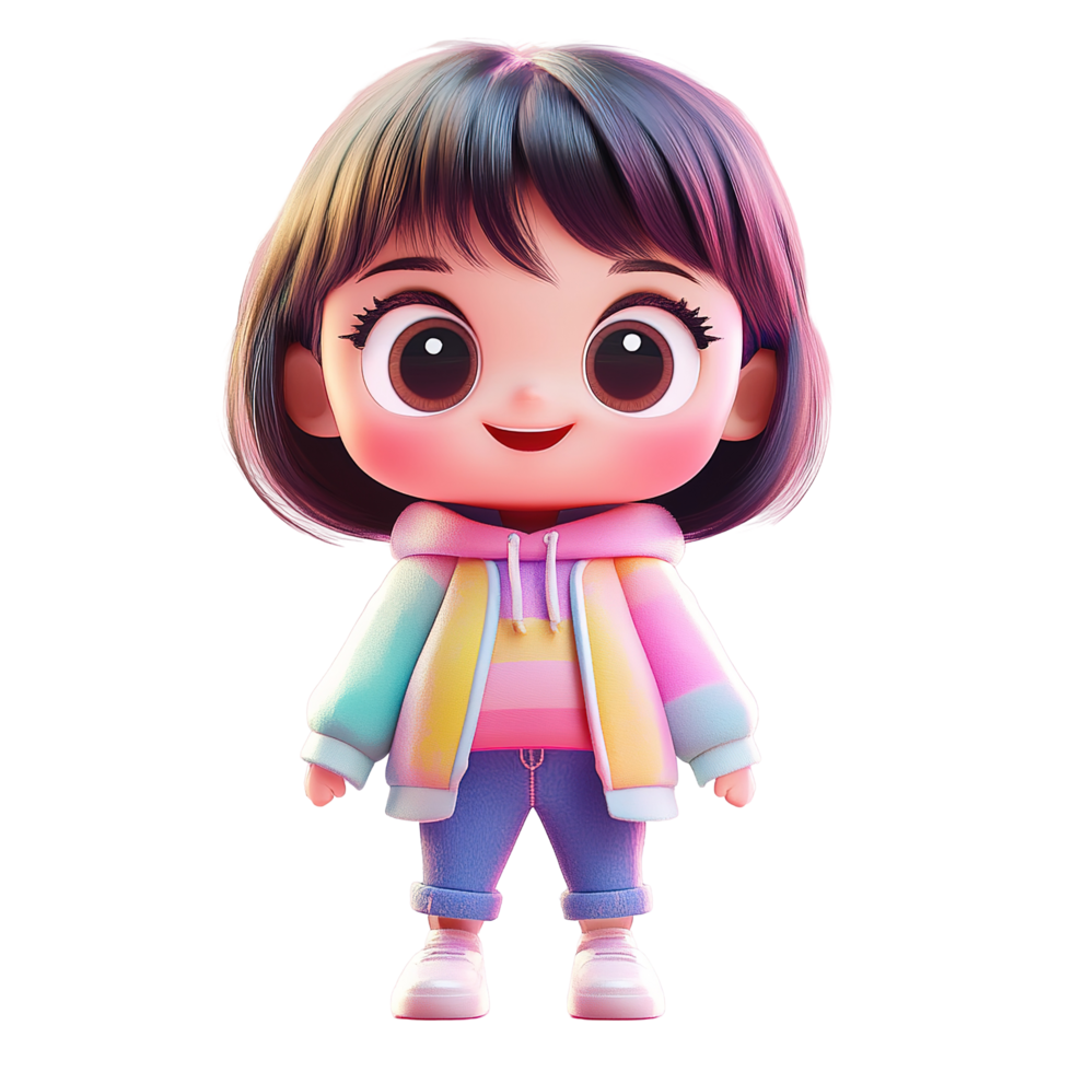 Adorable Cartoon Girl Wearing Pastel Hoodie Isolated on Transparent Background png