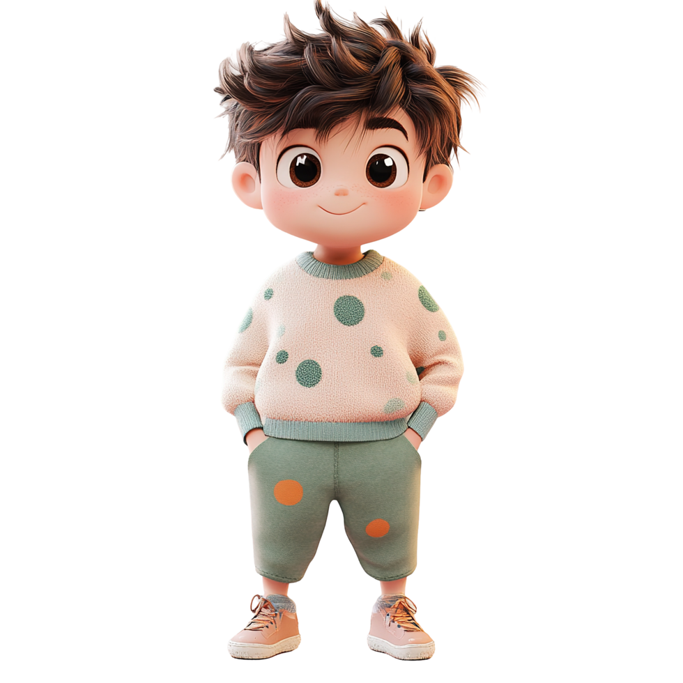 Adorable Cartoon Boy Wearing Spotted Sweater And Pants Isolated on Transparent Background png