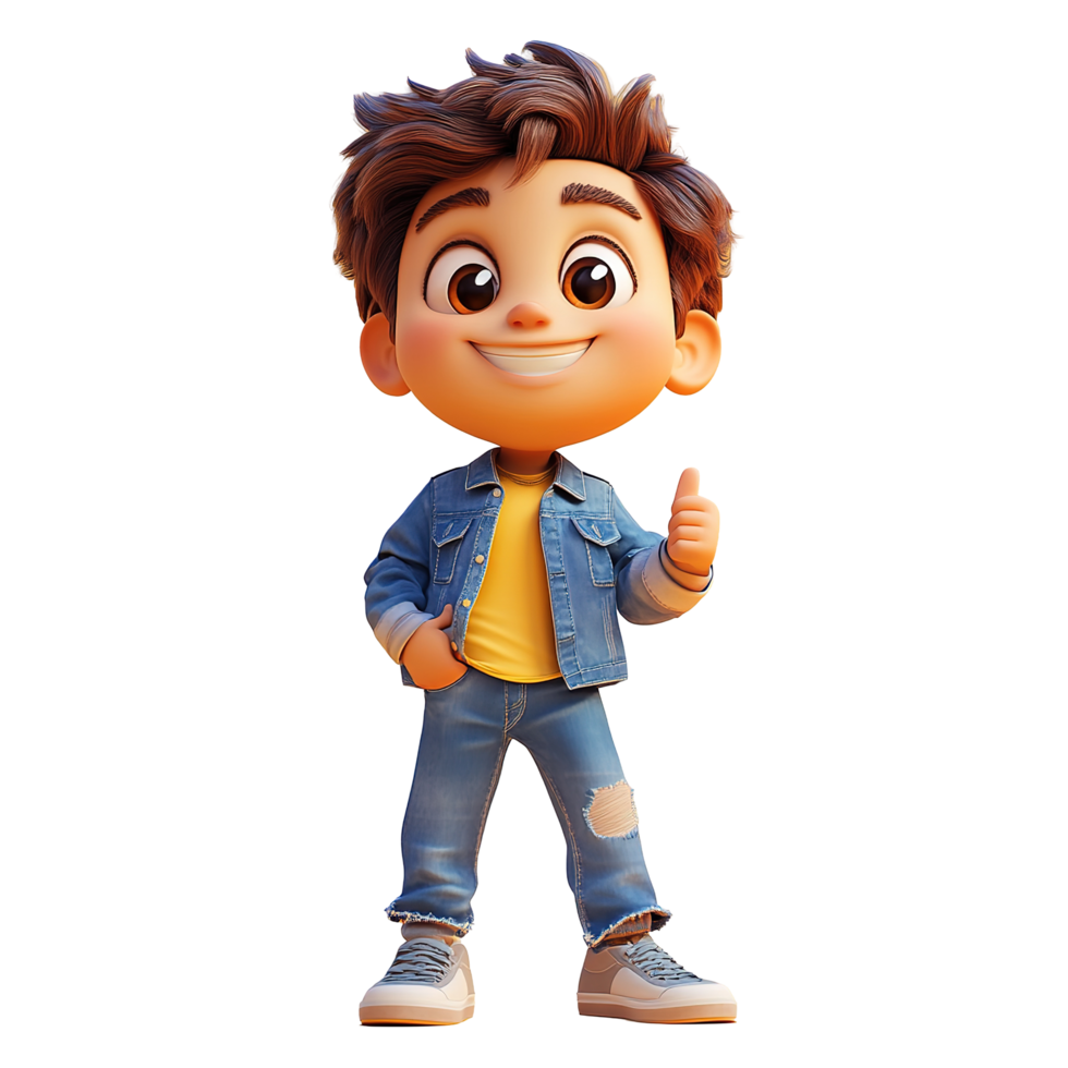 Happy Cartoon Boy Giving Thumbs Up Wearing Jeans Isolated on Transparent Background png