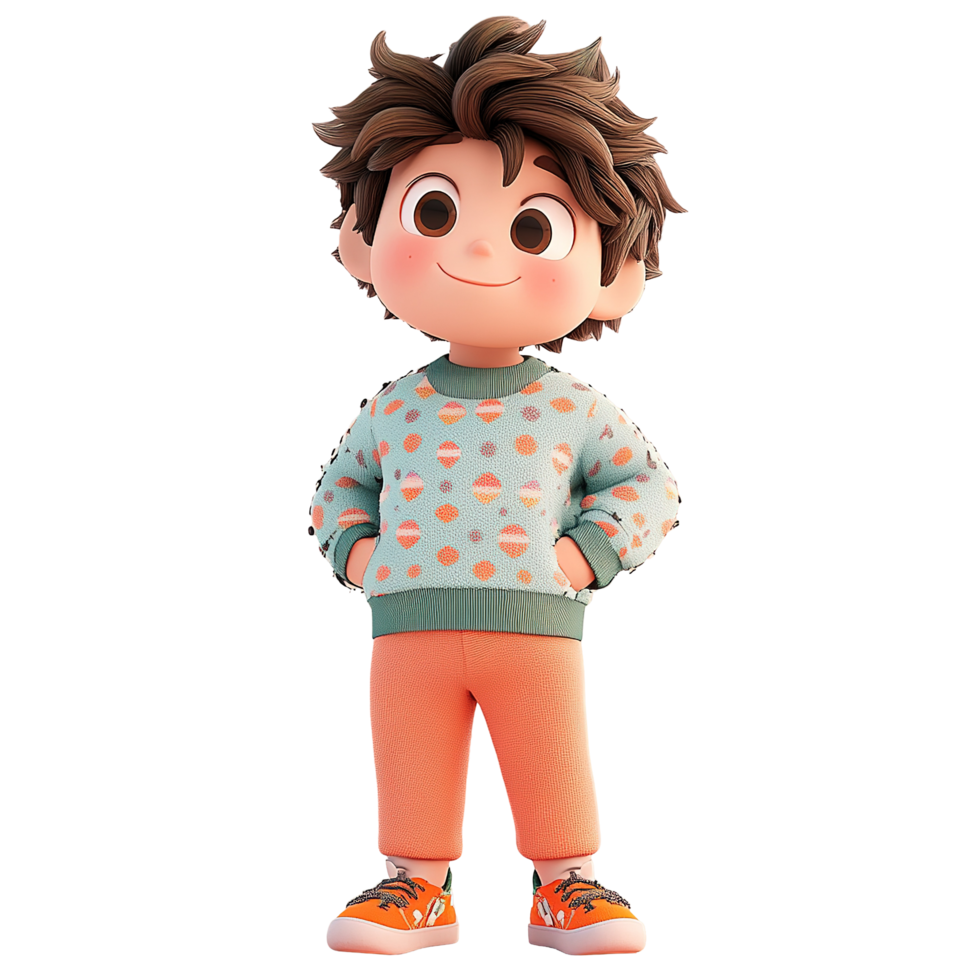 Adorable Cartoon Boy Wearing Orange Pants and Sweater Isolated on Transparent Background png