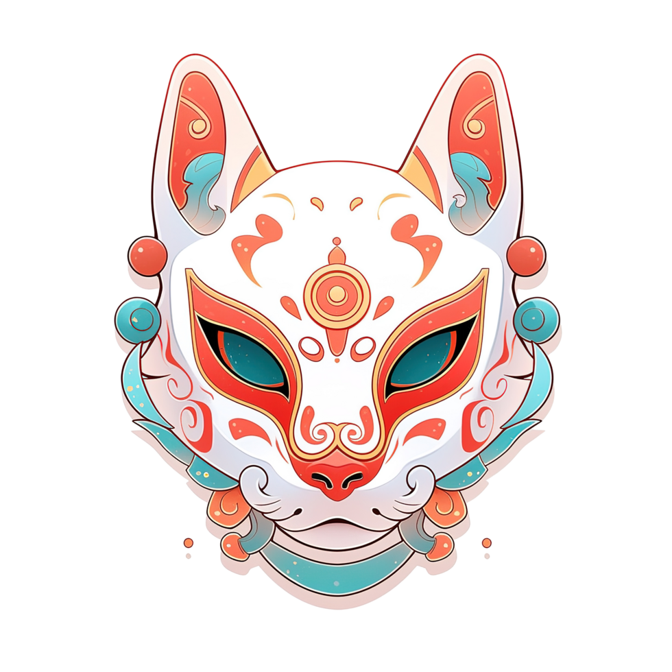 Artistic Kitsune Mask Design Featuring Red and Teal Accents png