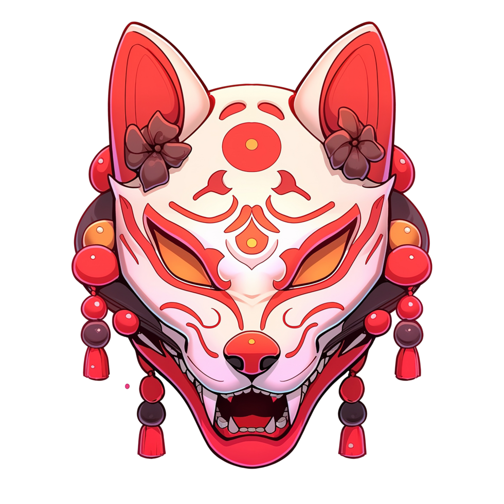 A vibrant Kitsune mask with ornate details and tassels png