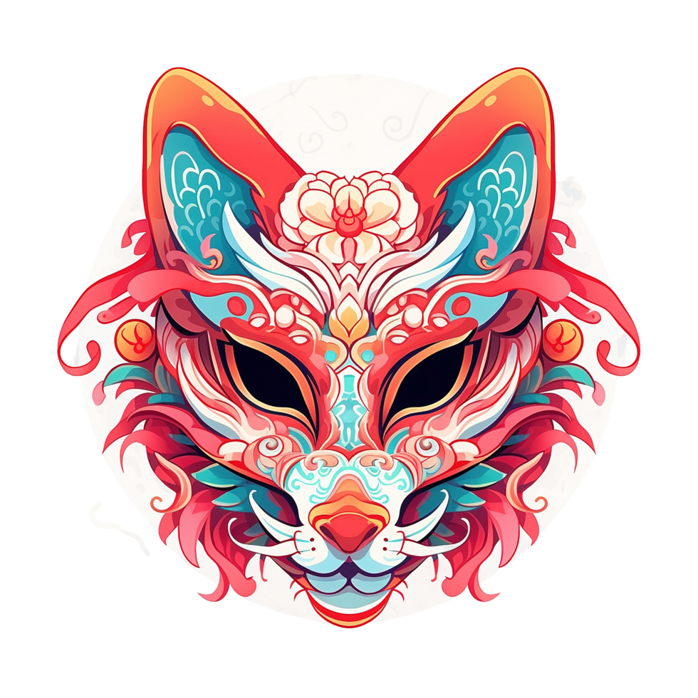 Ornate Red and Teal Kitsune Mask Design png