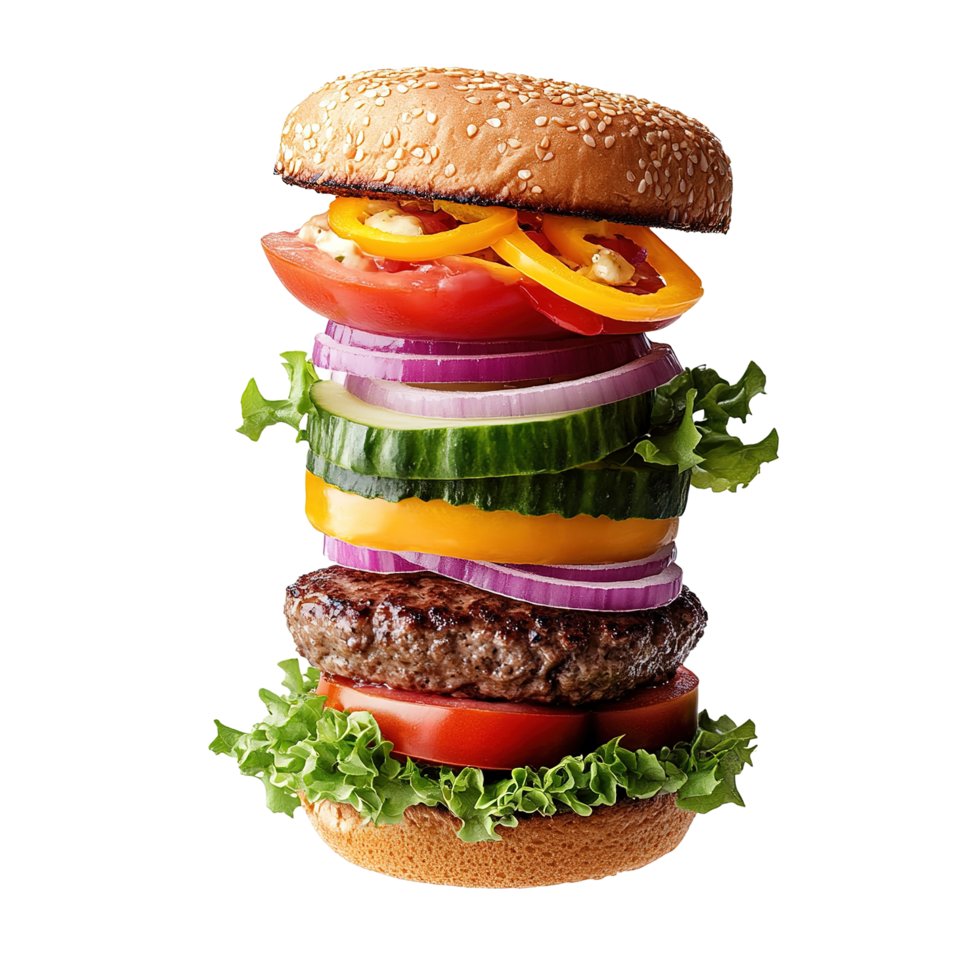A vertically stacked gourmet burger with various vegetables, Isolated on Transparent Background png