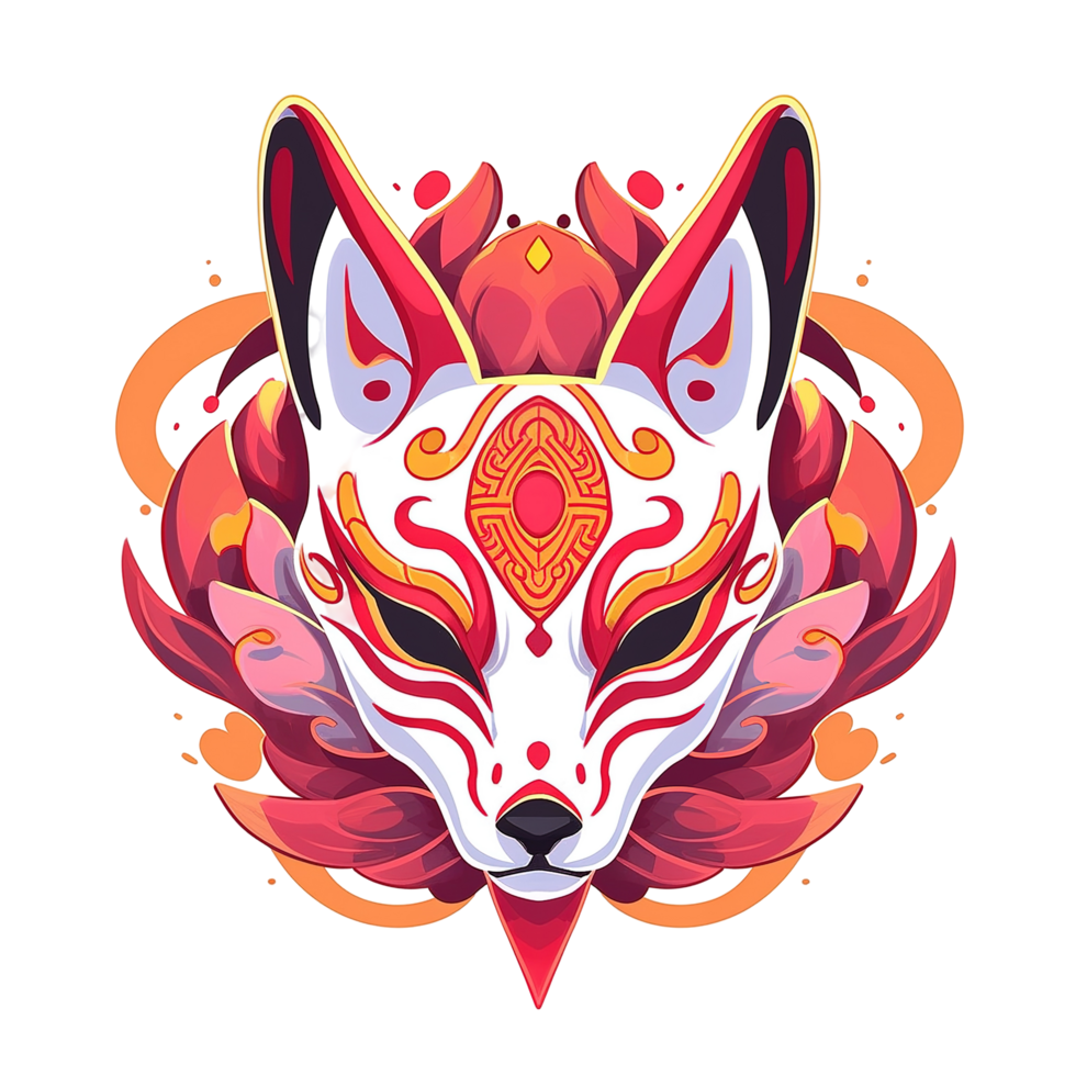 A stylized Kitsune mask with red and gold details Isolated on Transparent Background png